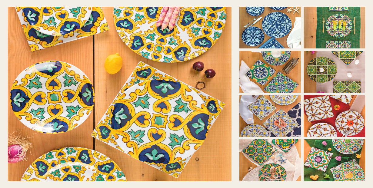 Colorful patterned placemats and coasters on a wooden surface with additional images of similar products.